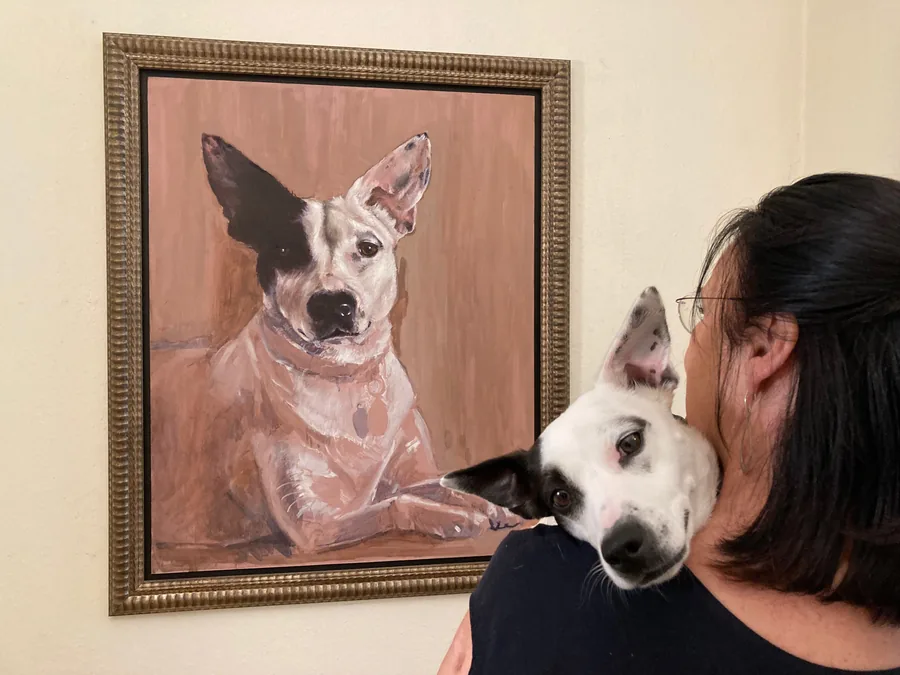 Catootje en Margreeth bij het portret van Catootje, 2020